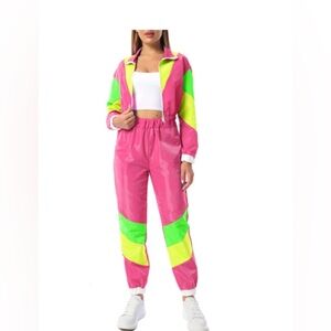 NWT 80’s/90’s Color Block Windbreaker costume Zip Front Crop Top Tracksuit Set